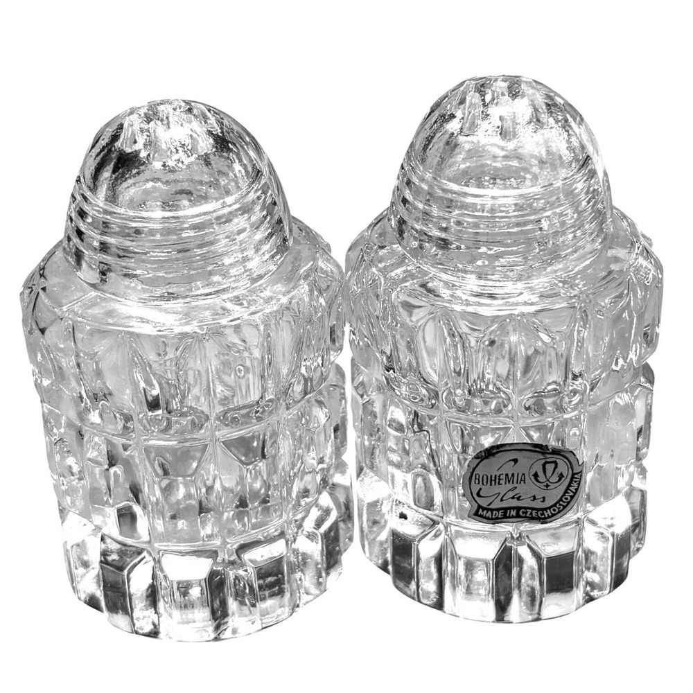 Vintage Bohemia Lead Crystal Glass Salt and Pepper Shakers Set Diamond Cut Czech